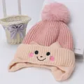 Gorro de punto rosa y beige para bebé con orejeras, pompón y cara de oso de dibujos animados - Sombrero / Rosa