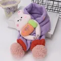 Bufanda de punto para bebé en violeta y rojo con conejo 3D y pompones rosas - Bufanda / Púrpura
