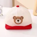 Close-up of baby baseball cap featuring mesh fabric and cute 3D bear embroidery detail - Infant Size / Red Brim