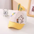 Detailed close-up of 3D bunny ears and cute rabbit embroidery on toddler mesh cap - Toddler Adjustable Size / Yellow
