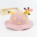 Pink cotton baby bucket sun hat featuring yellow dots and a 3D giraffe character - 47-50cm / Pink