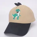 Detail of embroidered cartoon dinosaur and black 3D fins on khaki children baseball cap - Kids 3-8 Years (48-54cm) / Khaki