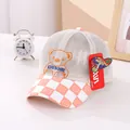 Casquette bébé respirante en maille beige avec visière à carreaux orange et broderie ours - Enfant / Bord Orange