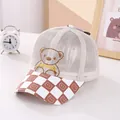 Beige baby mesh baseball cap with brown bear embroidery and checkered brim design - Kids / Coffee Brim