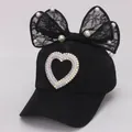 Black cotton girl baseball cap with large lace bow, pearls, and heart motif - Kids (2-8 Years/47-53CM) / Black