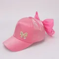Pink satin girl's baseball cap with rhinestone butterfly patch and large back bow - Kids 2-8 Years (47-53CM) / Rose Red