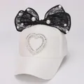 White baseball cap with large black lace bow, faux pearls and rhinestone heart - Kids (2-8 Years/47-53CM) / White