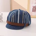 Detailed view of baby striped denim cap with soft brim and brown leather trim accent - Toddler Size / Dark Blue