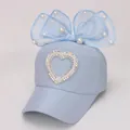 Light blue kids baseball cap with lace bow, pearls, and heart sequin decoration - Kids (2-8 Years/47-53CM) / Sky Blue