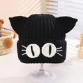 Cute black knitted beanie with cat ears and large eyes for toddlers in winter - Toddler Size (Elastic) / Black