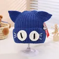Cute royal blue baby knit hat with 3D cat ears and white embroidered whiskers detail - Toddler Size (Elastic) / Sapphire Blue