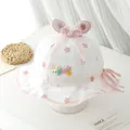 Detail of baby sun hat with pink flower embroidery, 3D bunny ears and mesh bow decoration - 1-3 Years / Pink