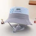 Kids wide brim sun hat in blue and grey patchwork with Happy Party dog embroidery - 52cm / Gray