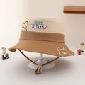 Detail of kids bucket hat with HAPPY PARTY embroidery and adjustable windproof strap - 52cm / Coffee