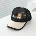 Close-up of breathable mesh fabric and cartoon bear happy patch on the kids sun hat - Kids Age 3-8 (50-53CM) / Happy Black