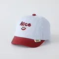 Blue and white striped baby baseball cap with red brim and Nice embroidery - NICE Jujube Red