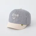 Blue and white striped baby baseball cap with Nice embroidery and soft cream brim - Nice Smile Gray