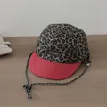 Kids baseball cap with leopard print canvas and red brim featuring DREAM letter patch - DREAM Label Style / Wine Red Trim