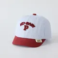 Blue and white striped baby baseball cap with red brim and HI-BABY P embroidery - P Letter Wine Red