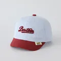 Baby baseball cap with blue white stripes and red Boston embroidery detail - BOSTON Jujube Red