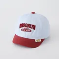 Striped baby baseball cap in blue and white with red Brooklyn embroidery and flat brim - NEW YORK Jujube Red