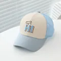 Detail of blue and beige mesh baseball cap for kids with bear and HI embroidery - Kids One Size / Sky Blue