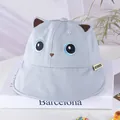 Detail of light blue baby sun hat with cute 3D cat ears and Saihabear brand label - 48-50cm / Cat Grey Blue