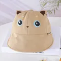 Detail of baby sun hat with cute 3D bear ears and embroidered face on khaki canvas - 48-50cm / Cat Khaki