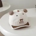 Cute beige baby baseball cap with brown brim and 3D bear ears featuring embroidery - 48cm / Little Bear Beige
