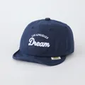 Detail of Los Angeles embroidery on navy cotton baseball cap for babies with soft brim - Infant Fit / Navy Blue