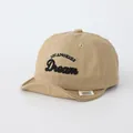 Detail of beige soft brim baby cap featuring black Los Angeles Dream embroidery and cotton texture - Infant Fit / Khaki