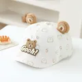 White baby bear baseball hat with cute 3D brown plush ears and all-over cartoon print - 50cm / GOOH Bear Cream White