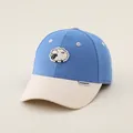 Close-up of children's blue and beige baseball cap with sheep patch and DOUDOU label - Kids 50-54CM / Blue and White Colorblock