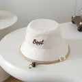 Beige baby fisherman hat with Best embroidery and adjustable chin strap - 52cm / White