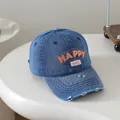 Gorra de béisbol infantil en denim azul con bordado Happy y detalles de visera gastada - 50-54cm / Azul Medio Happy