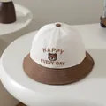 Kids bucket hat featuring beige and brown color blocking with a bear embroidery and HAPPY text - Head Circumference 50cm / Coffee Brim