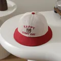 Kids happy bear bucket hat in cream and red contrast color with embroidery - Head Circumference 50cm / Wine Red Trim