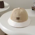 Kids khaki and white fisherman hat with cute bear embroidery and HAPPY lettering - Head Circumference 50cm / White Trim