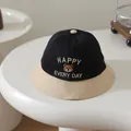 Kids black and beige bucket hat with HAPPY bear embroidery for sun protection - Head Circumference 50cm / Black