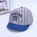 Detail of baby baseball cap with colorful stripes and premium embroidered lettering - 0-18 Months / Gray 2010 Embroidery Style