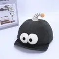 Detail view of baby baseball cap featuring cartoon plush eyes and striped antennae - Baby 1-3 Years 46-48CM / Style Two Deep Gray (Big Eyes)