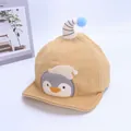 Detailed embroidery of cartoon penguin on soft yellow baby baseball cap with blue pom-pom - Baby 1-3 Years 46-48CM / Style One Khaki (Penguin Embroidery)