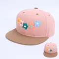 Gorra infantil con corona rosa, visera plana marrón y cinco flores 3D de colores - Niños 3-8 Años (50-54CM) / Rosa