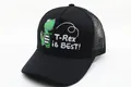 Detail of black mesh trucker hat with green T-Rex cartoon and T-Rex IS BEST print - Kids (2-7 Years) / Solid Black