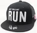 Detail of 3D embroidery on black mesh trucker cap with RUN slogan and laser sticker - Adult / Black