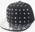 Detail of black baseball cap with silver conical studs and shiny metallic brim - Adult Silver Studs
