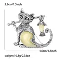 Broche de gato estilo vintage con diseño de caña de pescar y cristales amarillos - Plata Antigua