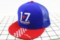 Detailed close-up of blue mesh trucker hat with red checkerboard pattern and embroidery - Children (3-8 Years Old) / Royal Blue (1+7)