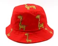Red children's cotton sun hat with yellow cartoon giraffe pattern in a foldable style - Kids (2-7 Years) / Red