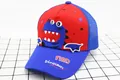 Kids baseball cap featuring red crown with cartoon dinosaur embroidery and blue mesh back - Kids (3-8 Years) / Sapphire Blue